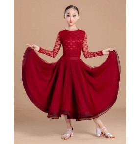 Wine lace ballroom dance dresses for girls kids waltz tango flamenco dance long skirts for Children